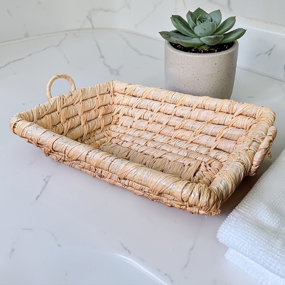 Handwoven Mini Rectangular Seagrass Serving Tray - Natural Small Trinket Tray